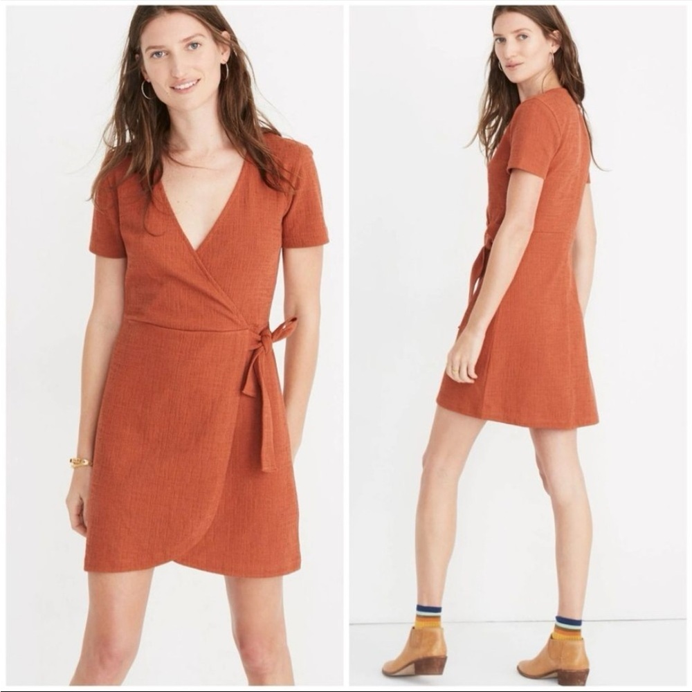 Madewell Texture & Thread Burnt Orange Short Sleeve Side Tie Wrap Mini Dress S